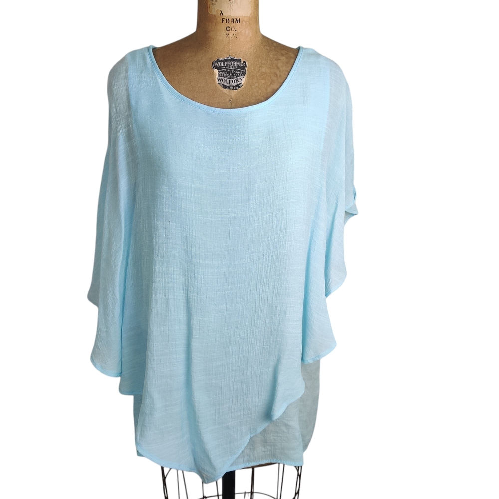 R:Rouge Aqua Overlay Blouse 1X Blue Poncho Cape Top Plus Size Cruise Wear